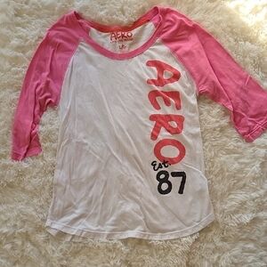Aeropostale Womens Pink and White Raglan Shirt, Sz Large 3/4 Sleeves